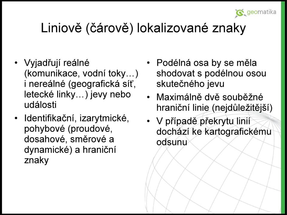 směrové a dynamické) a hraniční znaky Podélná osa by se měla shodovat s podélnou osou skutečného jevu