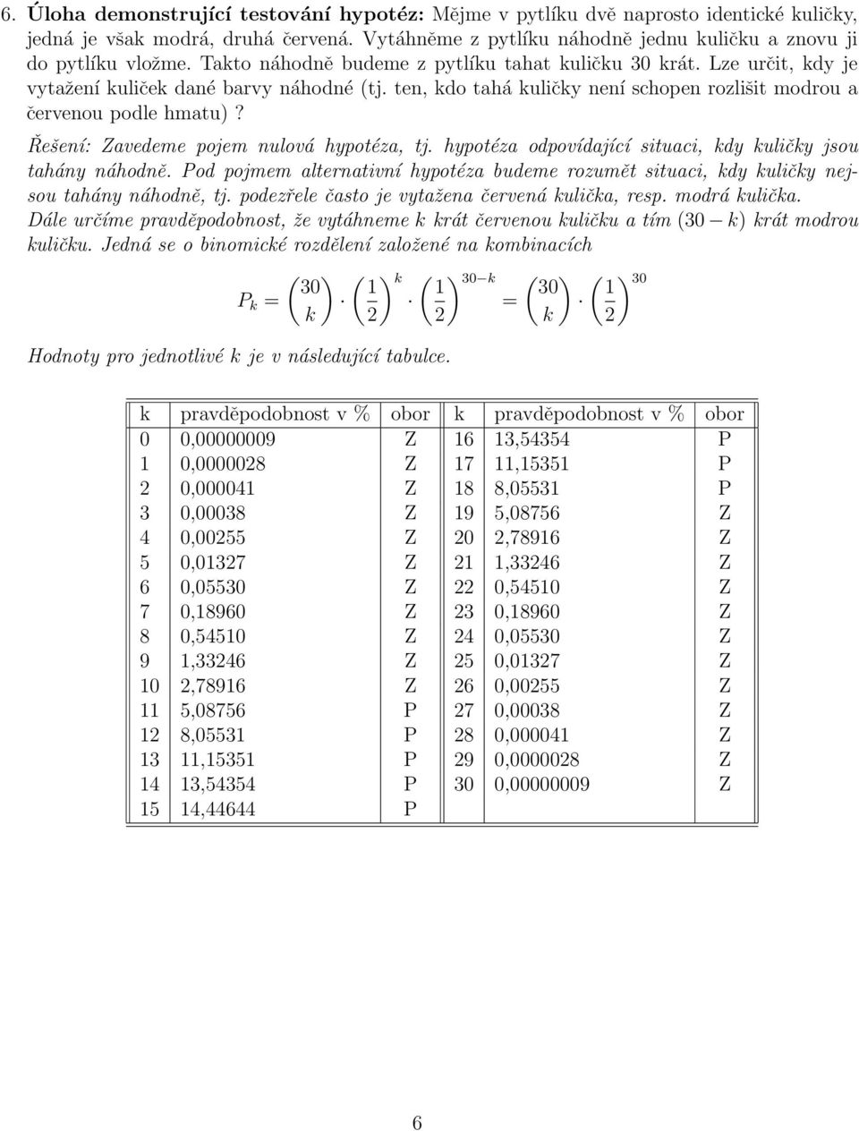 Řešení: Zavedeme pojem nulová hypotéza, tj. hypotéza odpovídající situaci, kdy kuličky jsou tahány náhodně.