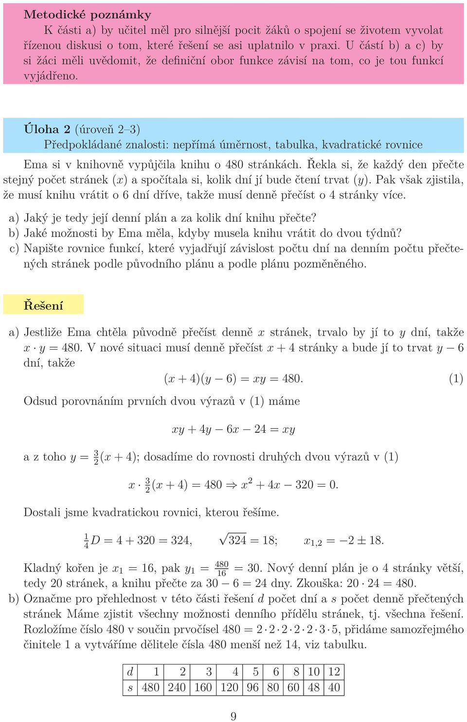 Úloha (úroveň 3) Předpokládané znalosti: nepřímá úměrnost, tabulka, kvadratické rovnice Ema si v knihovně vypůjčila knihu o 480 stránkách.