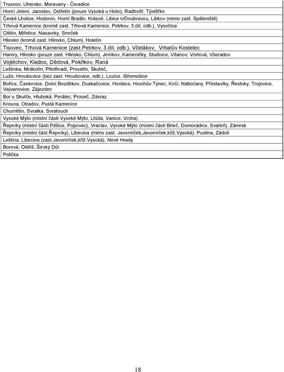 Hlinsko, Chlum), Holetín Tisovec, Trhová Kamenice (zast.petrkov, 3.díl, odb.), Včelákov, Vrbatův Kostelec Hamry, Hlinsko (pouze zast.