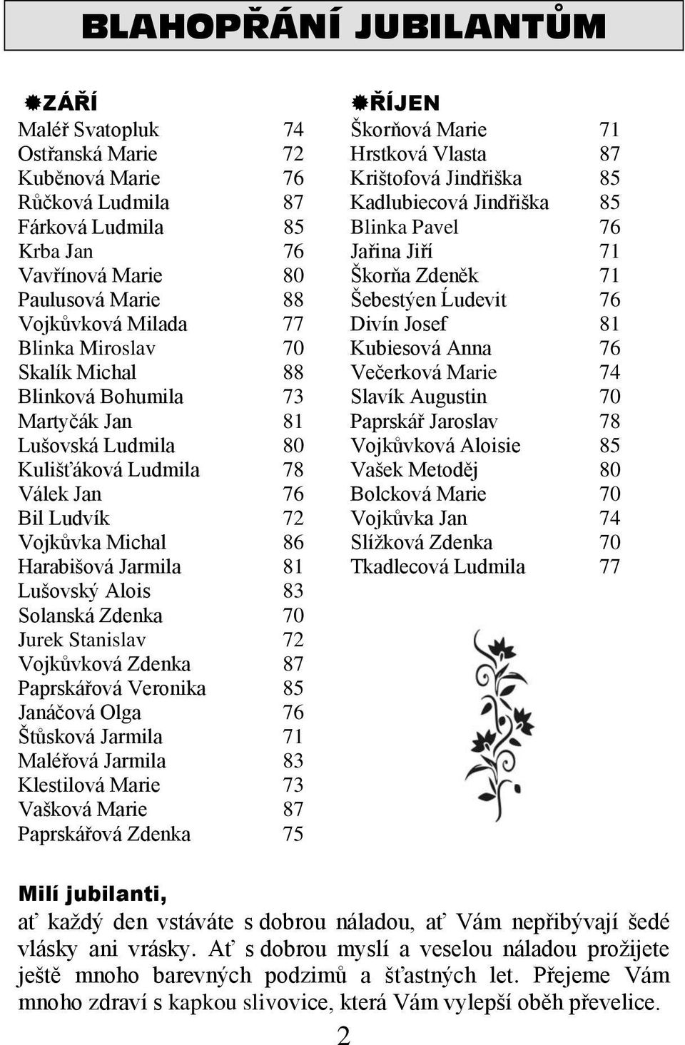 Kubiesová Anna 76 Skalík Michal 88 Večerková Marie 74 Blinková Bohumila 73 Slavík Augustin 70 Martyčák Jan 81 Paprskář Jaroslav 78 Lušovská Ludmila 80 Vojkůvková Aloisie 85 Kulišťáková Ludmila 78