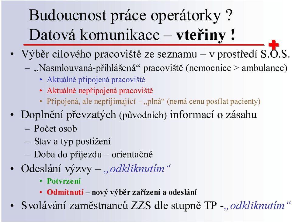 Připojená, ale nepřijímající plná (nemá cenu posílat pacienty) Doplnění převzatých (původních) informací o zásahu Počet osob Stav a