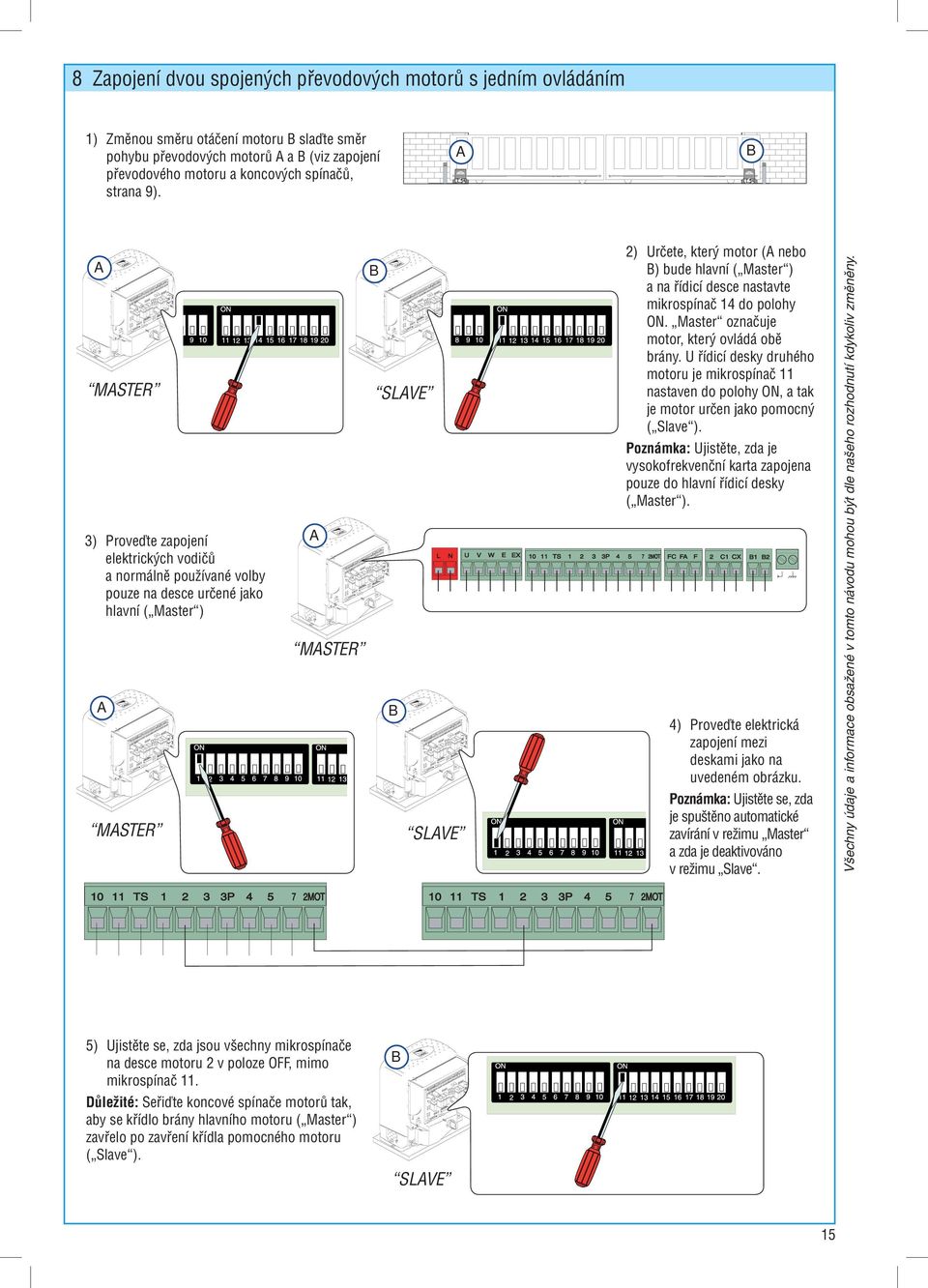 A B A MASTER 3) Proveďte zapojení elektrických vodičů a normálně používané volby pouze na desce určené jako hlavní ( Master ) A MASTER B SLAVE A MASTER B SLAVE 2) Určete, který motor (A nebo B) bude
