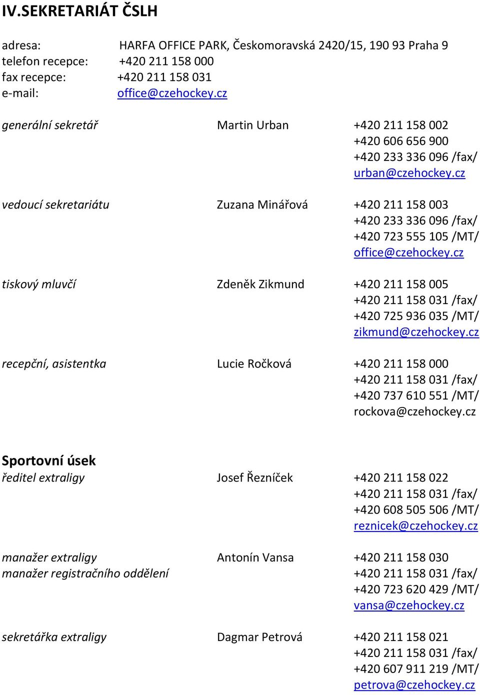 cz vedoucí sekretariátu Zuzana Minářová +420 211 158 003 +420 233 336 096 /fax/ +420 723 555 105 /MT/ office@czehockey.