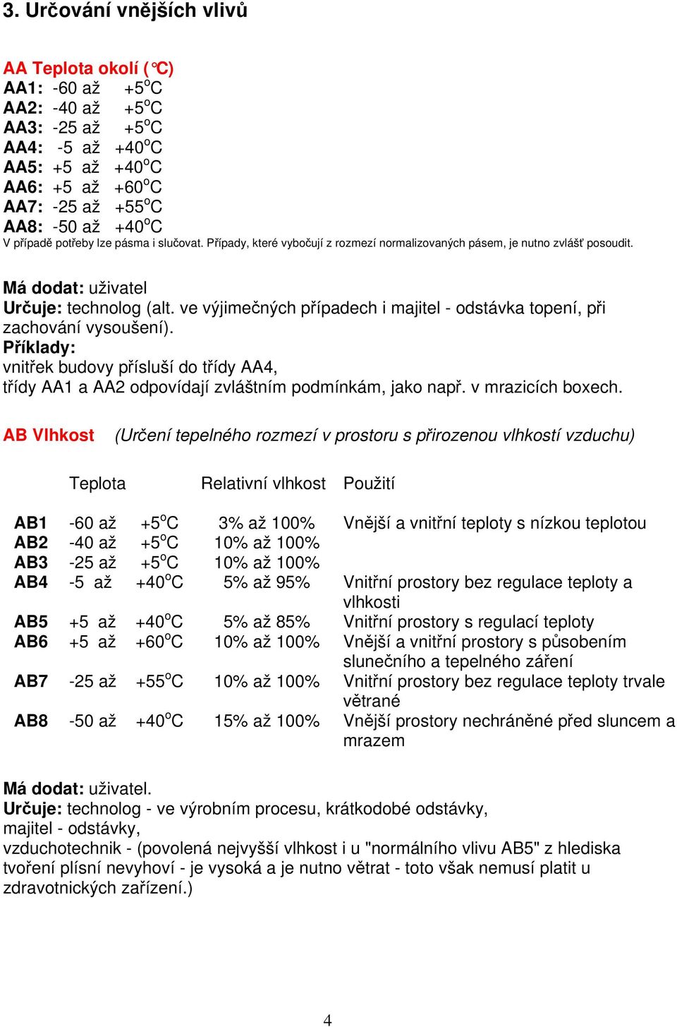 ve výjimečných případech i majitel - odstávka topení, při zachování vysoušení). vnitřek budovy přísluší do třídy AA4, třídy AA1 a AA2 odpovídají zvláštním podmínkám, jako např. v mrazicích boxech.