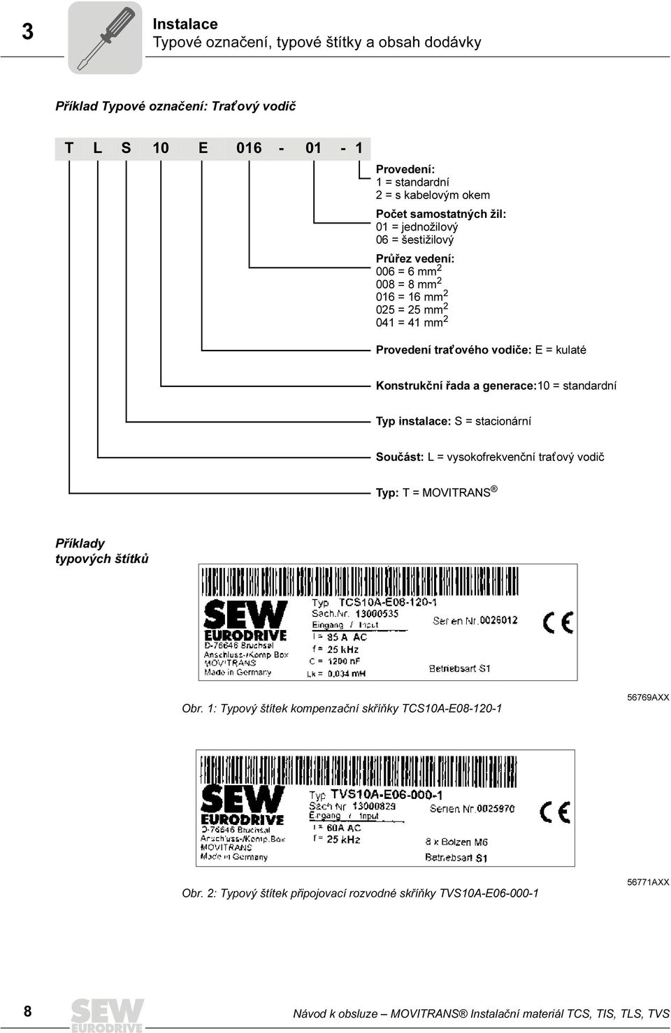 Konstrukční řada a generace:10 = standardní Typ instalace: S = stacionární Součást: L = vysokofrekvenční trat ový vodič Typ: T = MOVITRANS Příklady typových štítků Obr.