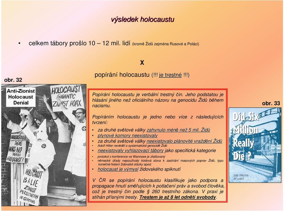 33 Popíráním holocaustu je jedno nebo více z následujících tvrzení: za druhé světové války zahynulo méněm než 5 mil.