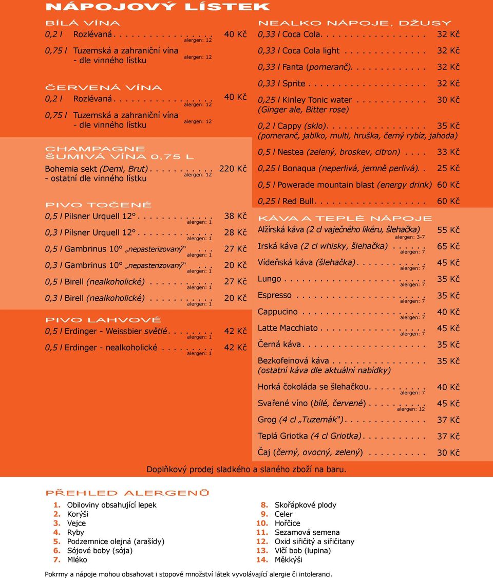 .. 2 0,75 l Tuzemská a zahraniční vína 2 - dle vinného lístku CHAMPAGNE ŠUMIVÁ VÍNA 0,75 L Bohemia sekt (Demi, Brut)... 2 - ostatní dle vinného lístku 220 Kč 0,33 l Sprite.