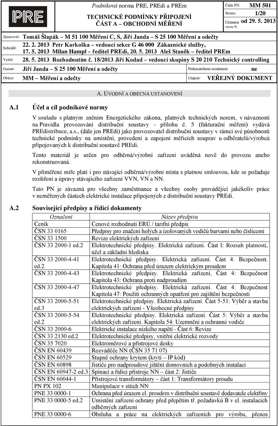 18/2013 Jiří Kodad vedoucí skupiny S 20 210 Technický controlling Garant: Jiří Janda S 25 100 Měření a odečty Prokazatelnost seznámení: ne Oblast: MM Měření a odečty Utajení: VEŘEJNÝ DOKUMENT A.