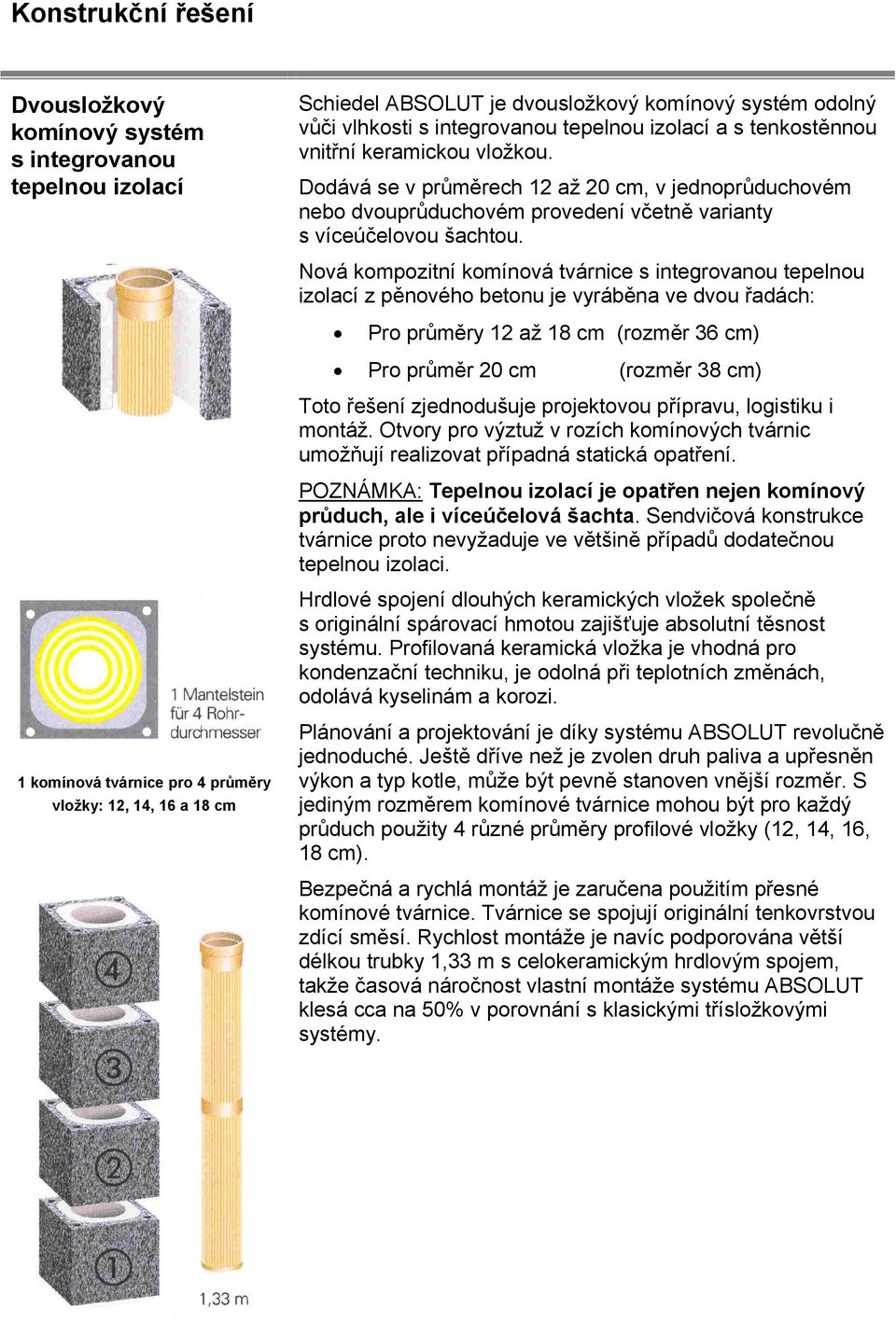 Nová kompozitní komínová tvárnice s integrovanou tepelnou izolací z pěnového betonu je vyráběna ve dvou řadách: Pro průměry 12 až 18 cm (rozměr 36 cm) Pro průměr 20 cm (rozměr 38 cm) Toto řešení