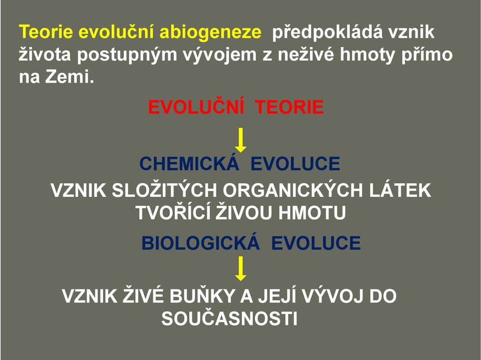 EVOLUČNÍ TEORIE CHEMICKÁ EVOLUCE VZNIK SLOŽITÝCH ORGANICKÝCH