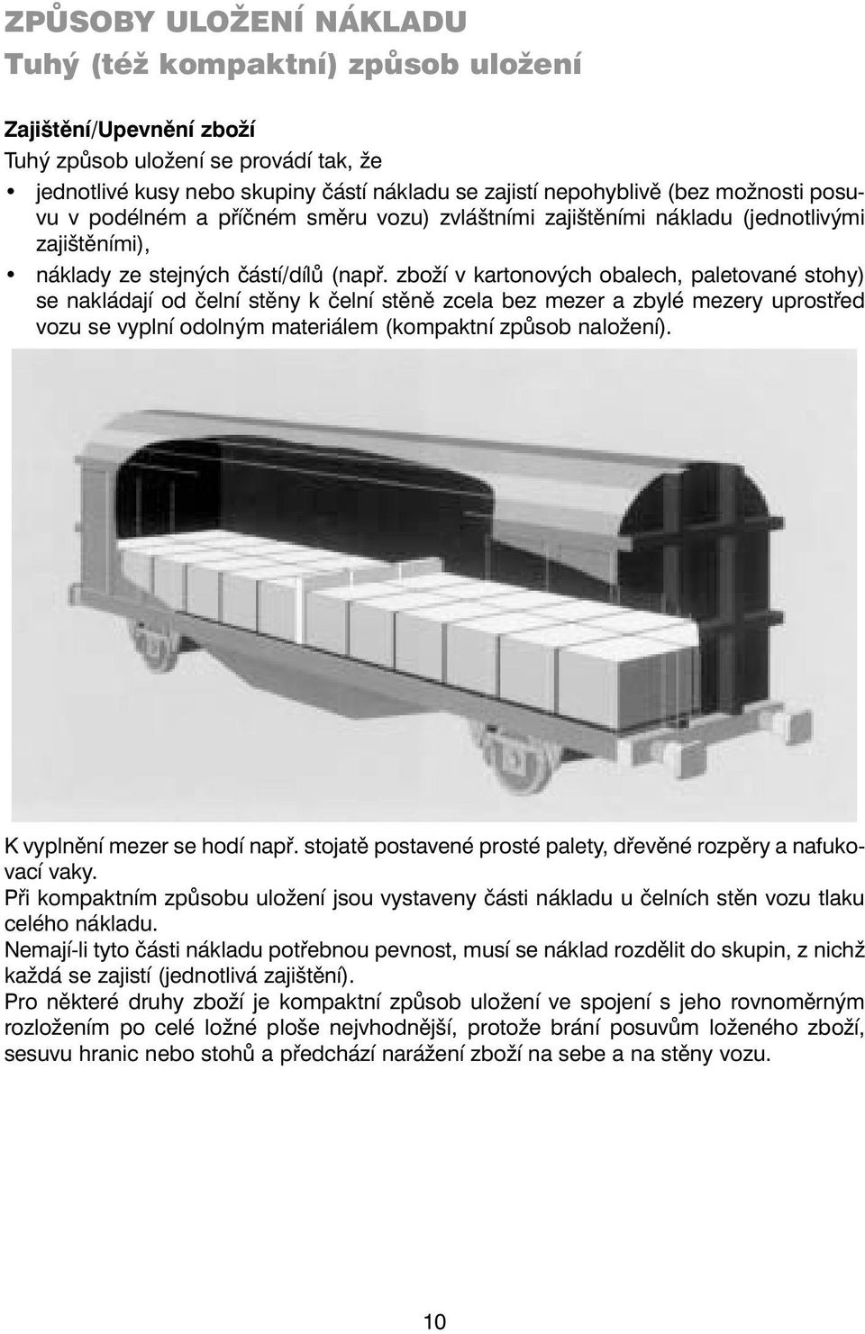 zboží v kartonových obalech, paletované stohy) se nakládají od čelní stěny k čelní stěně zcela bez mezer a zbylé mezery uprostřed vozu se vyplní odolným materiálem (kompaktní způsob naložení).