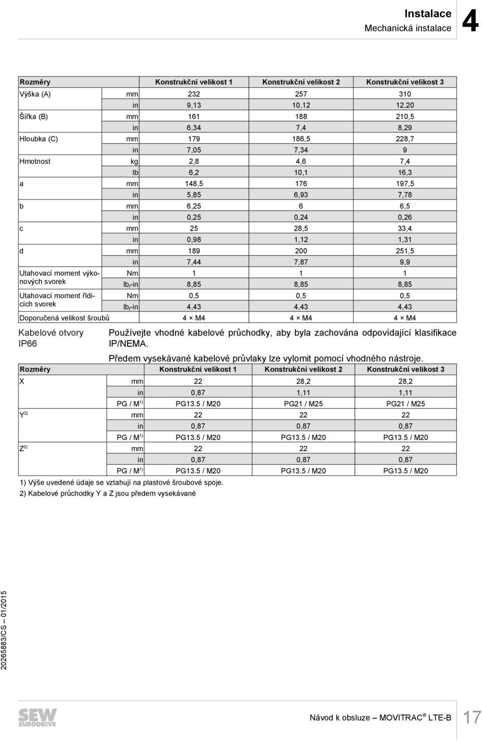 mm 189 200 251,5 Utahovací moment výkonových svorek Utahovací moment řídicích svorek in 7,44 7,87 9,9 Nm 1 1 1 lb f -in 8,85 8,85 8,85 Nm 0,5 0,5 0,5 lb f -in 4,43 4,43 4,43 Doporučená velikost