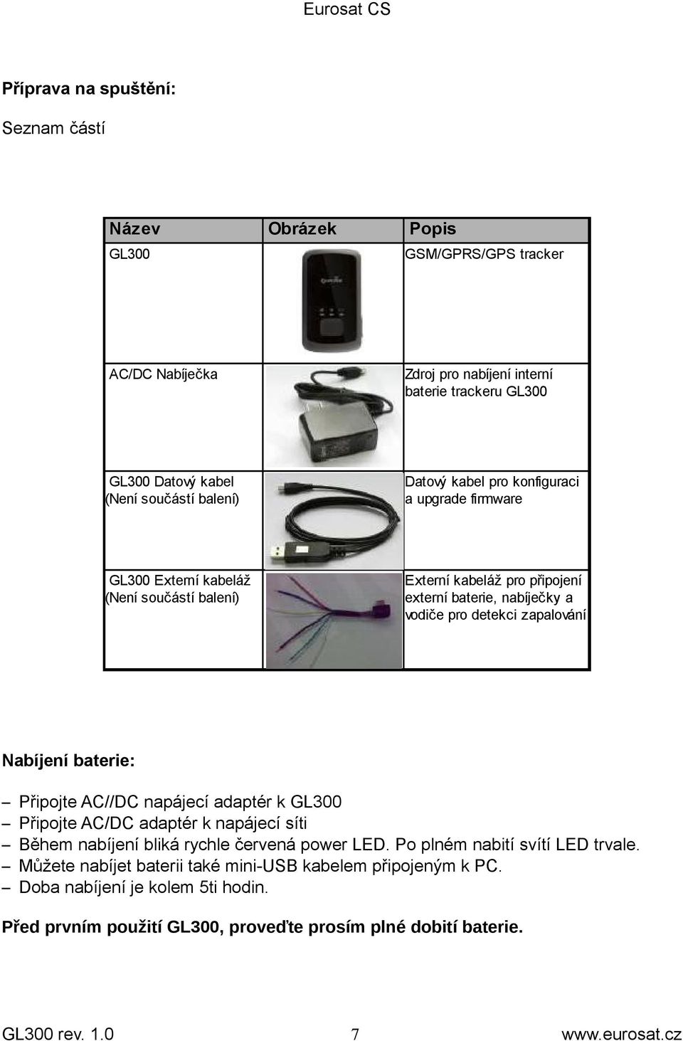 zapalování Nabíjení baterie: Připojte AC//DC napájecí adaptér k GL300 Připojte AC/DC adaptér k napájecí síti Během nabíjení bliká rychle červená power LED.