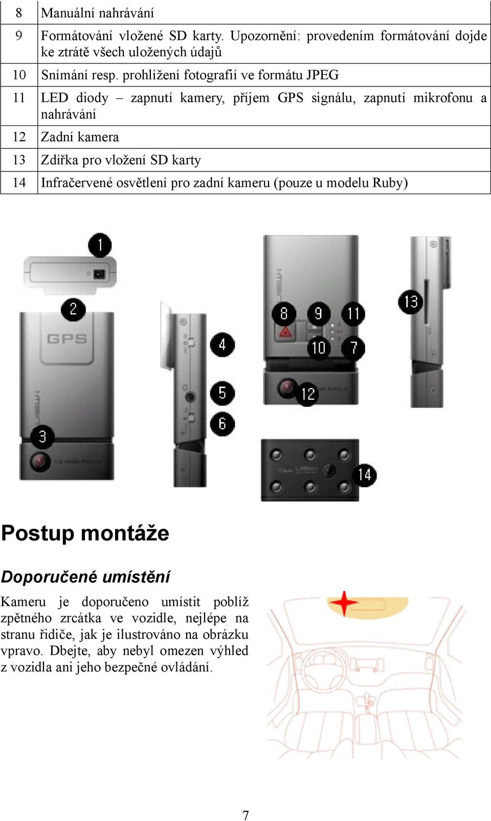 vložení SD karty 14 Infračervené osvětlení pro zadní kameru (pouze u modelu Ruby) Postup montáže Doporučené umístění Kameru je doporučeno umístit