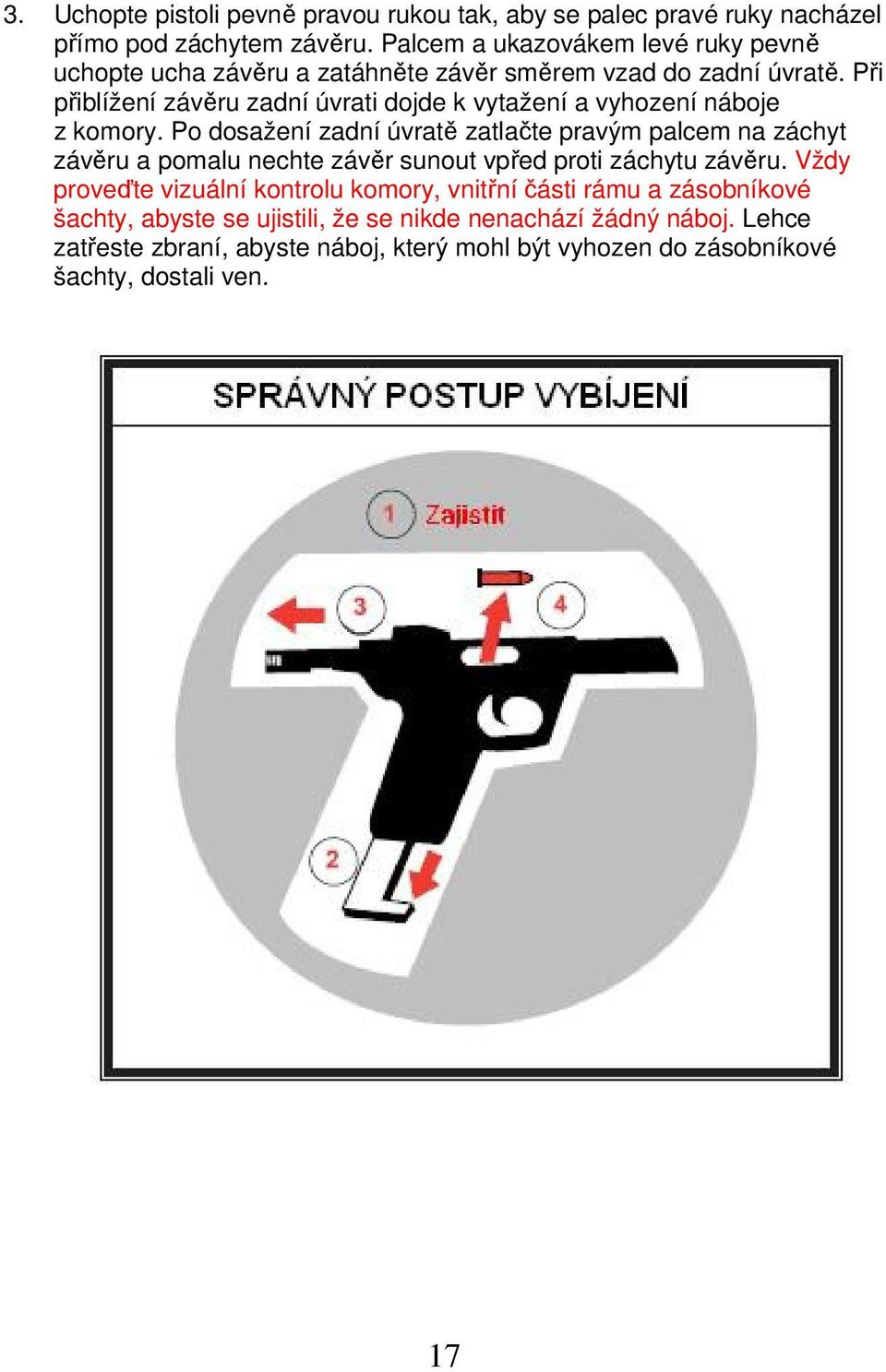 Při přiblížení závěru zadní úvrati dojde k vytažení a vyhození náboje z komory.