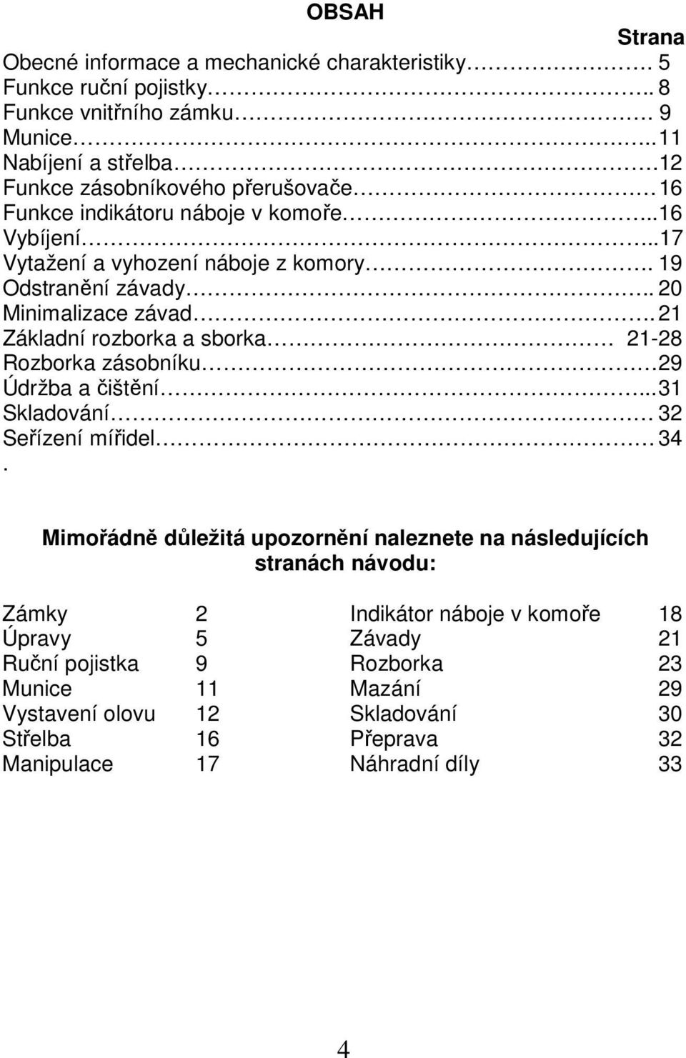 21 Základní rozborka a sborka 21-28 Rozborka zásobníku 29 Údržba a čištění... 31 Skladování 32 Seřízení mířidel 34.