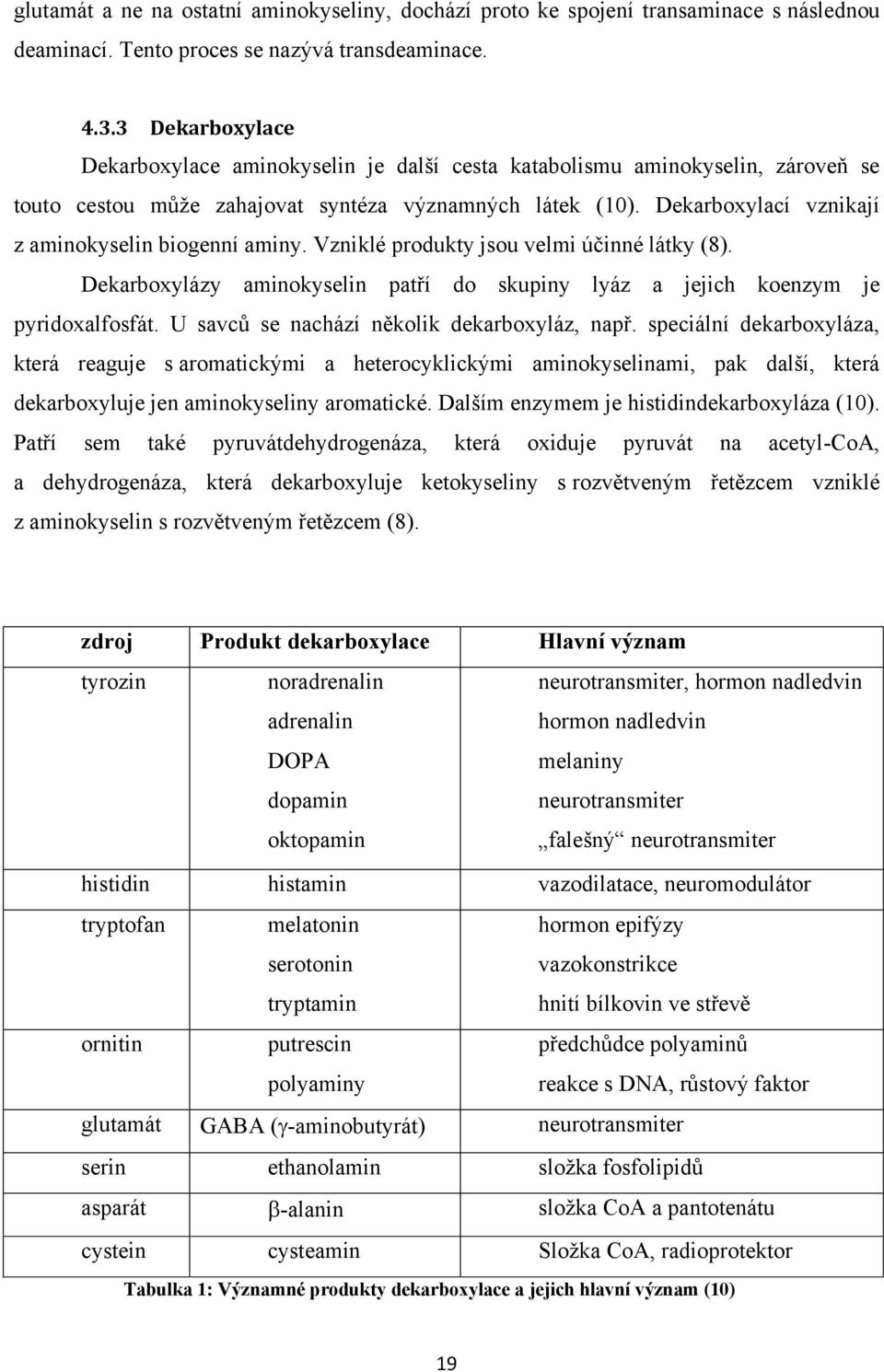 Dekarboxylací vznikají z aminokyselin biogenní aminy. Vzniklé produkty jsou velmi účinné látky (8). Dekarboxylázy aminokyselin patří do skupiny lyáz a jejich koenzym je pyridoxalfosfát.
