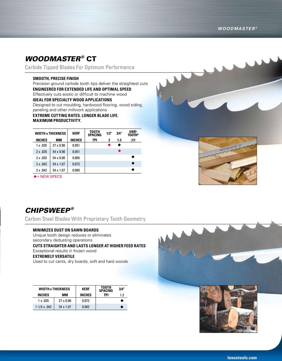 EXTREME CUTTING RATES. LONGER BLADE LIFE. MAXIMum PRODUCTIVITY. WIDTH x THICKNESS KERF TOOTH SPACING 1/2 3/4 VARI- TOOTH INCHES MM INCHES TPI 2 1.3.7/1 1 x.035 27 x 0.90 0.051 2 x.035 54 x 0.90 0.051 2 x.035 54 x 0.90 0.065 2 x.