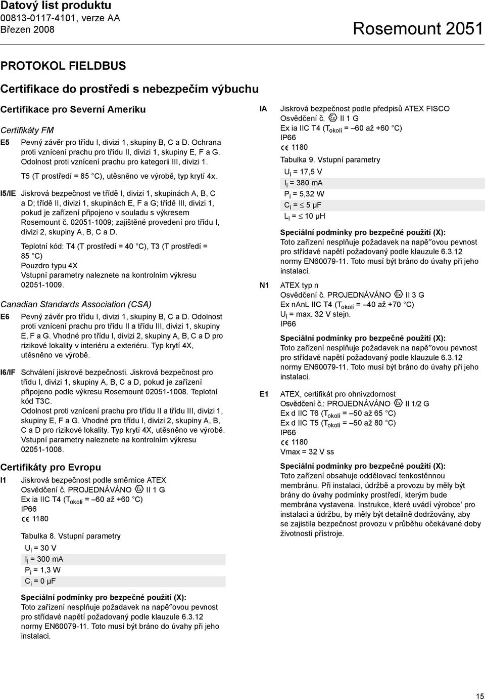 I5/IE Jiskrová bezpečnost ve třídě I, divizi 1, skupinách A, B, C ad; třídě II, divizi 1, skupinách E, F a G; třídě III, divizi 1, pokud je zařízení připojeno v souladu s výkresem Rosemount č.