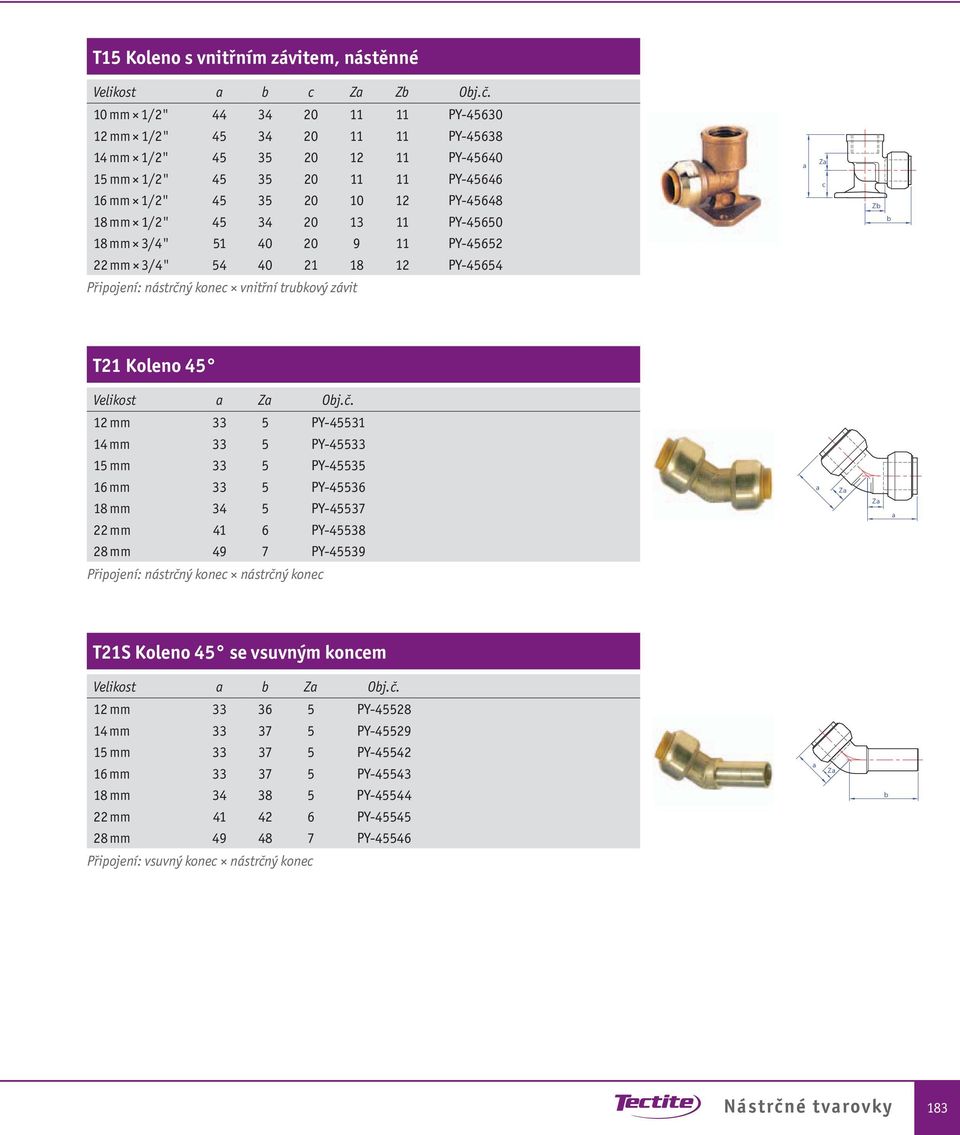 11 PY-45650 Z c Z 18 mm 3/4" 51 40 20 9 11 PY-45652 22 mm 3/4" 54 40 21 18 12 PY-45654 Připojení: nástrčn