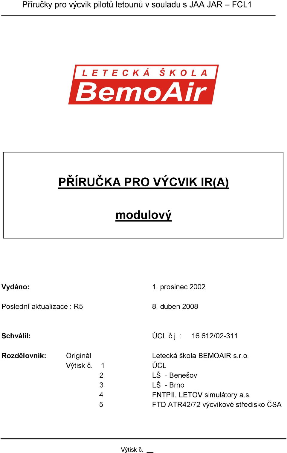 : 16.612/02-311 Rozdělovník: Originál Letecká škola BEMOAIR s.r.o. Výtisk č.