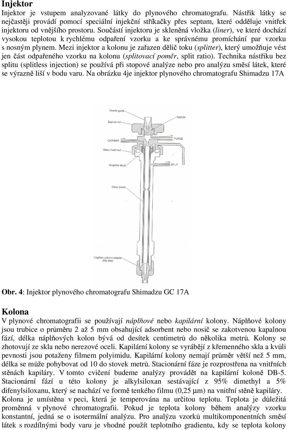 Součástí injektoru je skleněná vložka (liner), ve které dochází vysokou teplotou k rychlému odpaření vzorku a ke správnému promíchání par vzorku s nosným plynem.