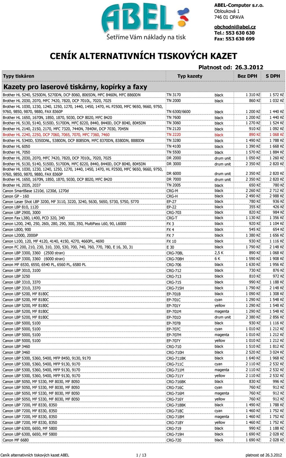 5270DN, DCP 8060, 8065DN, MFC 8460N, MFC 8860DN TN 3170 black 1 310 Kč 1 572 Kč Brother HL 2030, 2070, MFC 7420, 7820, DCP 7010L, 7020, 7025 TN 2000 black 860 Kč 1 032 Kč Brother HL 1030, 1230, 1240,