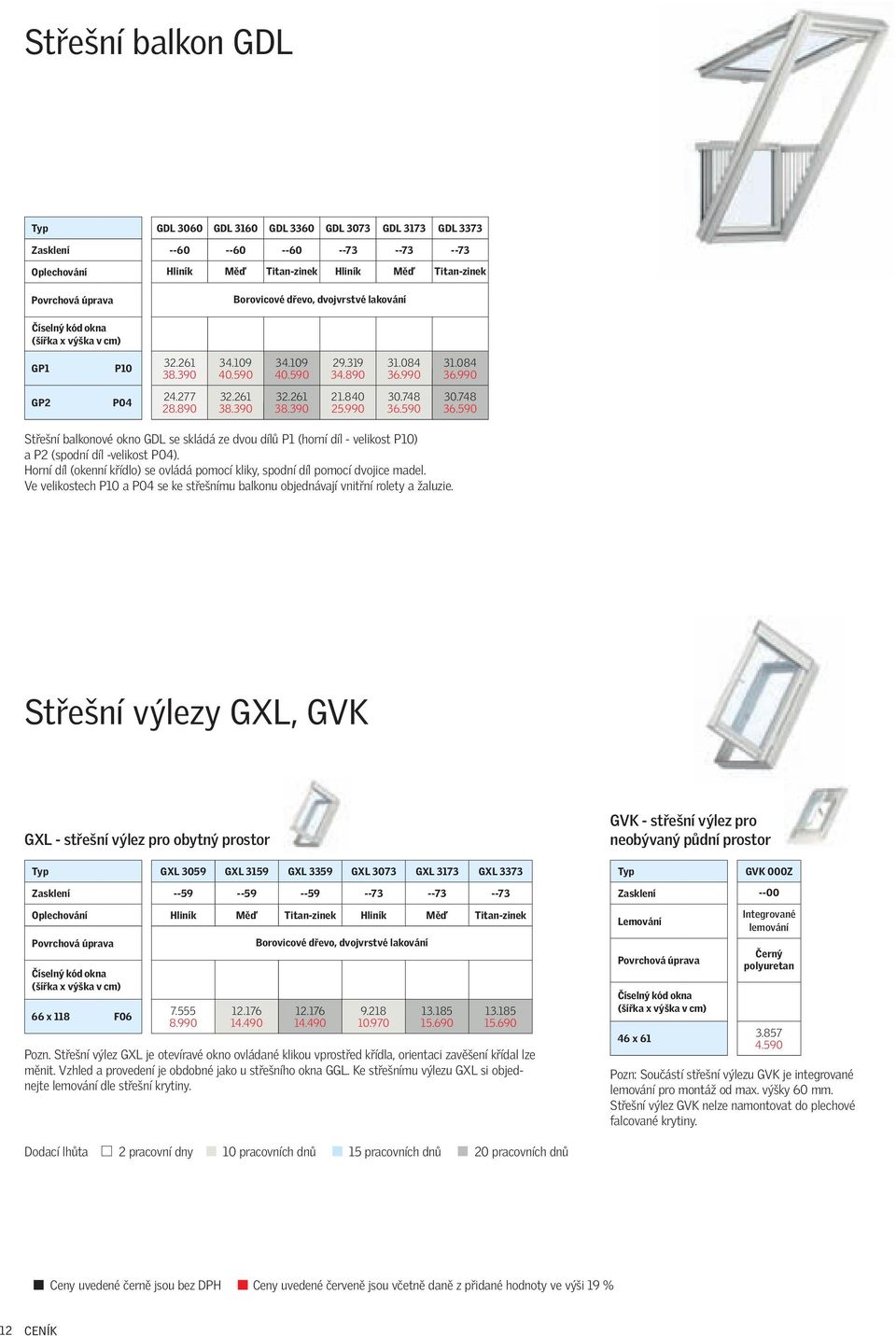 590 Střešní balkonové okno GDL se skládá ze dvou dílů P1 (horní díl - velikost P10) a P2 (spodní díl -velikost P04). Horní díl (okenní křídlo) se ovládá pomocí kliky, spodní díl pomocí dvojice madel.