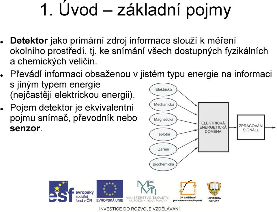 Převádí informaci obsaženou v jistém typu energie na informaci s jiným typem energie