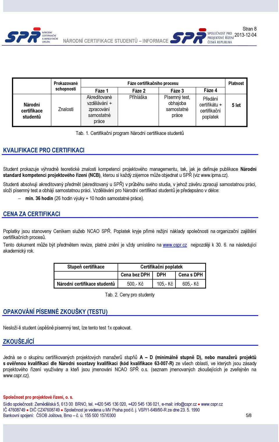 Certifikační program Národní certifikace studentů KVALIFIKACE PRO CERTIFIKACI Student prokazuje výhradně teoretické znalosti kompetencí projektového managementu, tak, jak je definuje publikace