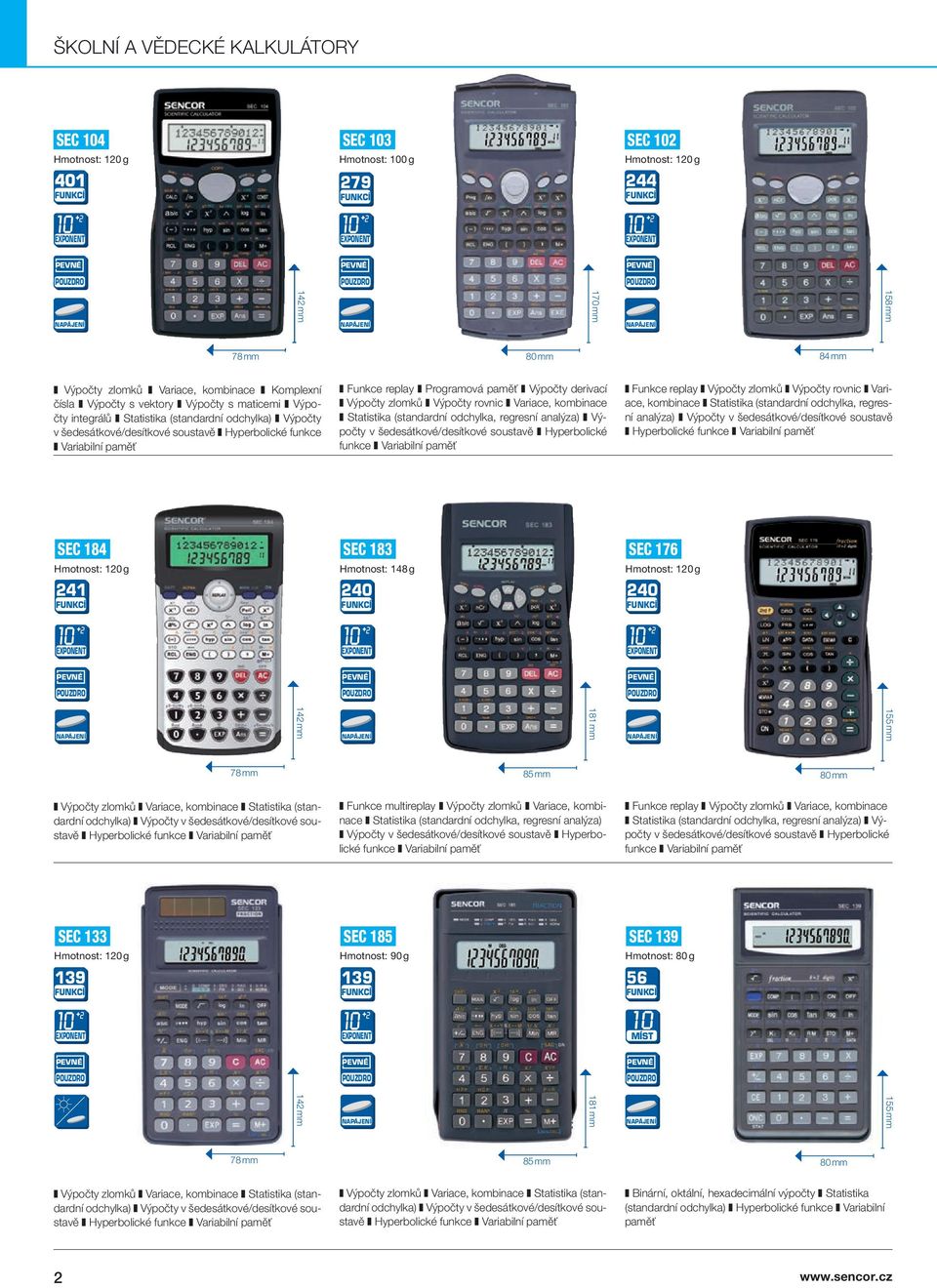 Výpočty zlomků Výpočty rovnic Variace, kombinace Statistika (standardní odchylka, regresní analýza) Výpočty v šedesátkové/desítkové soustavě Hyperbolické funkce Variabilní paměť Funkce replay Výpočty