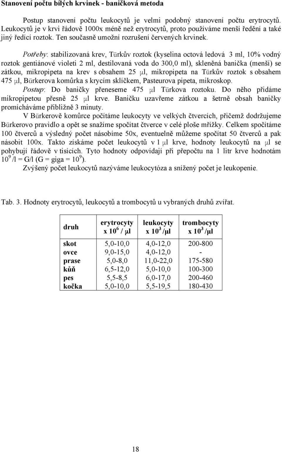 Potřeby: stabilizovaná krev, Türkův roztok (kyselina octová ledová 3 ml, 10% vodný roztok gentiánové violeti 2 ml, destilovaná voda do 300,0 ml), skleněná banička (menší) se zátkou, mikropipeta na