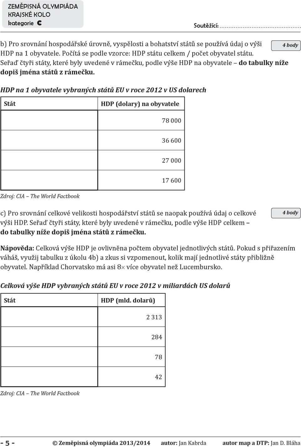 HDP na 1 obyvatele vybraných států EU v roce 2012 v US dolarech 4 body Stát HDP (dolary) na obyvatele 78 000 36 600 27 000 17 600 Zdroj: CIA The World Factbook c) Pro srovnání celkové velikosti