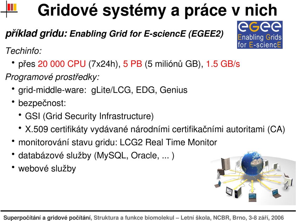 5gb/s Programovéprostředky: grid middle ware:glite/lcg,edg,genius bezpečnost: GSI(GridSecurityInfrastructure) X.