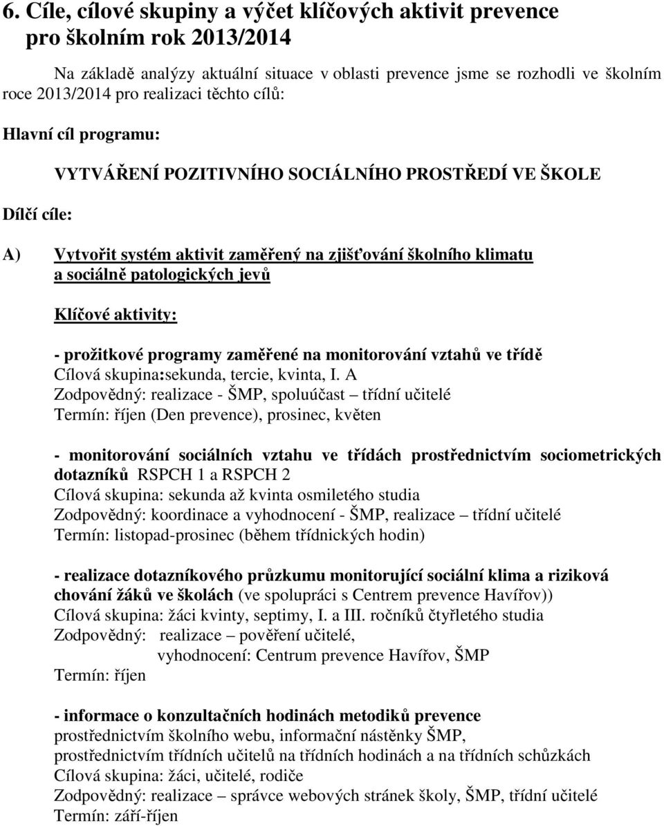 Klíčové aktivity: - prožitkové programy zaměřené na monitorování vztahů ve třídě Cílová skupina:sekunda, tercie, kvinta, I.