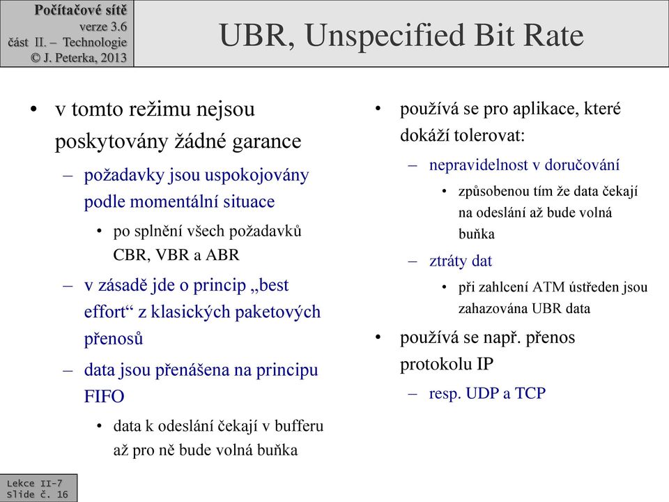 aplikace, které dokáží tolerovat: nepravidelnost v doručování způsobenou tím že data čekají na odeslání až bude volná buňka ztráty dat při zahlcení