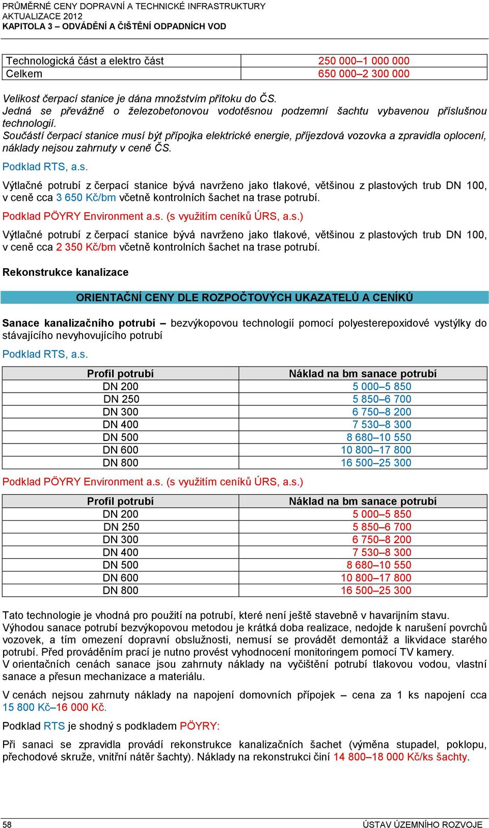 Součástí čerpací stanice musí být přípojka elektrické energie, příjezdová vozovka a zpravidla oplocení, náklady nejsou zahrnuty v ceně ČS. Podklad RTS, a.s. Výtlačné potrubí z čerpací stanice bývá navrženo jako tlakové, většinou z plastových trub DN 100, v ceně cca 3 650 Kč/bm včetně kontrolních šachet na trase potrubí.