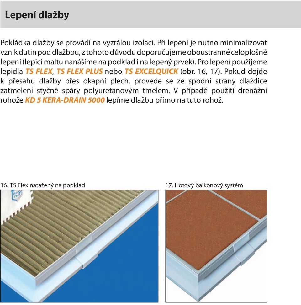 podklad i na lepený prvek). Pro lepení použijeme lepidla TS FLEX, TS FLEX PLUS nebo TS EXCELQUICK (obr. 16, 17).