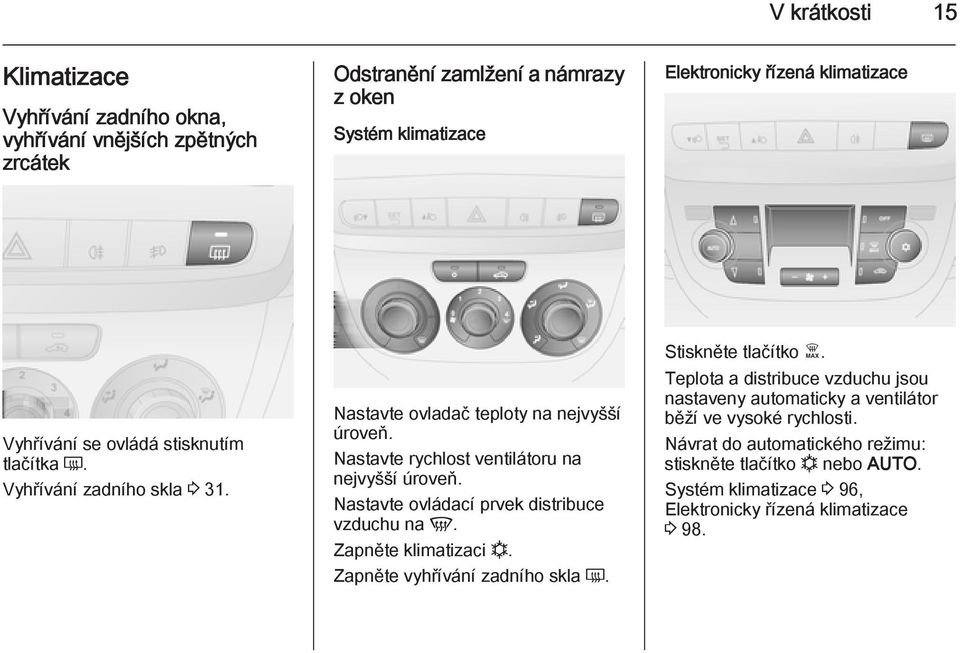Nastavte rychlost ventilátoru na nejvyšší úroveň. Nastavte ovládací prvek distribuce vzduchu na V. Zapněte klimatizaci n. Zapněte vyhřívání zadního skla Ü.