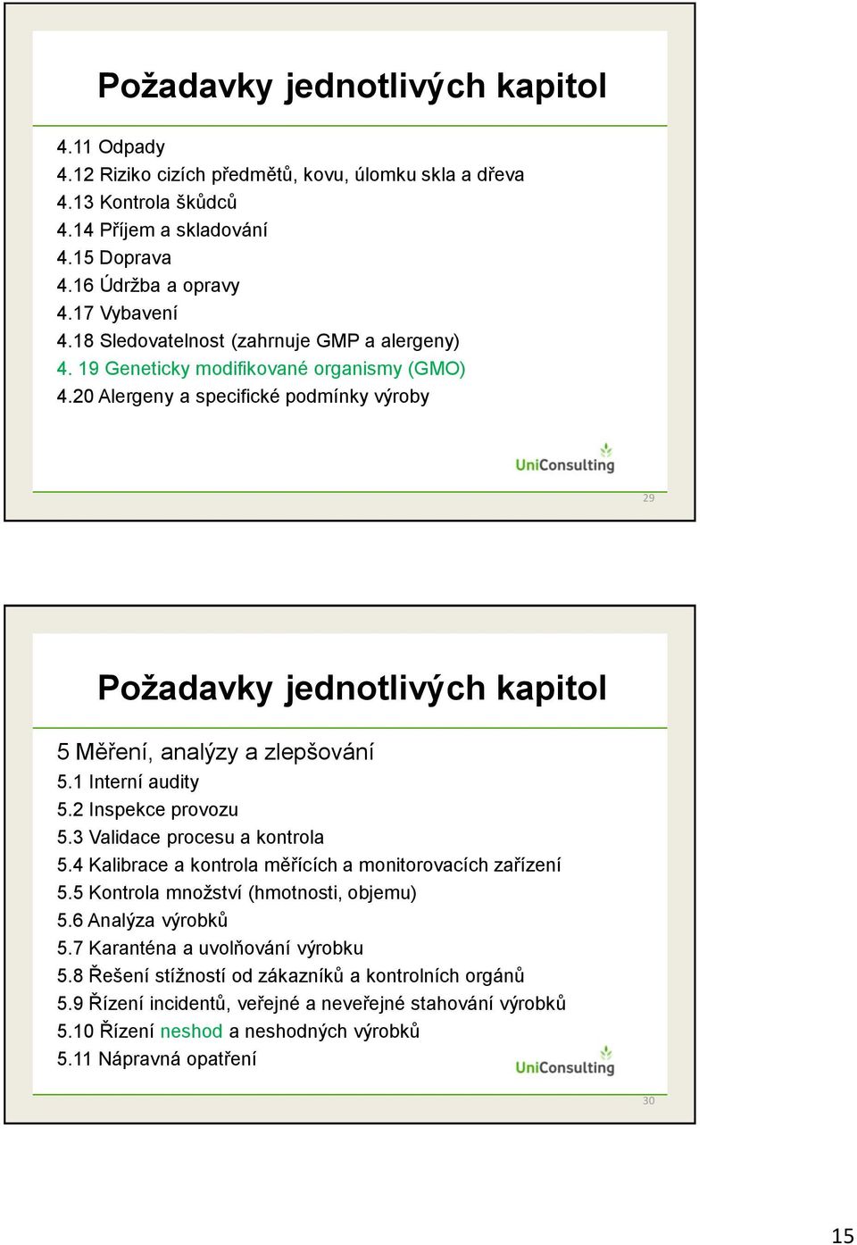 1 Interní audity 5.2 Inspekce provozu 5.3 Validace procesu a kontrola 5.4 Kalibrace a kontrola měřících a monitorovacích zařízení 5.5 Kontrola množství (hmotnosti, objemu) 5.6 Analýza výrobků 5.