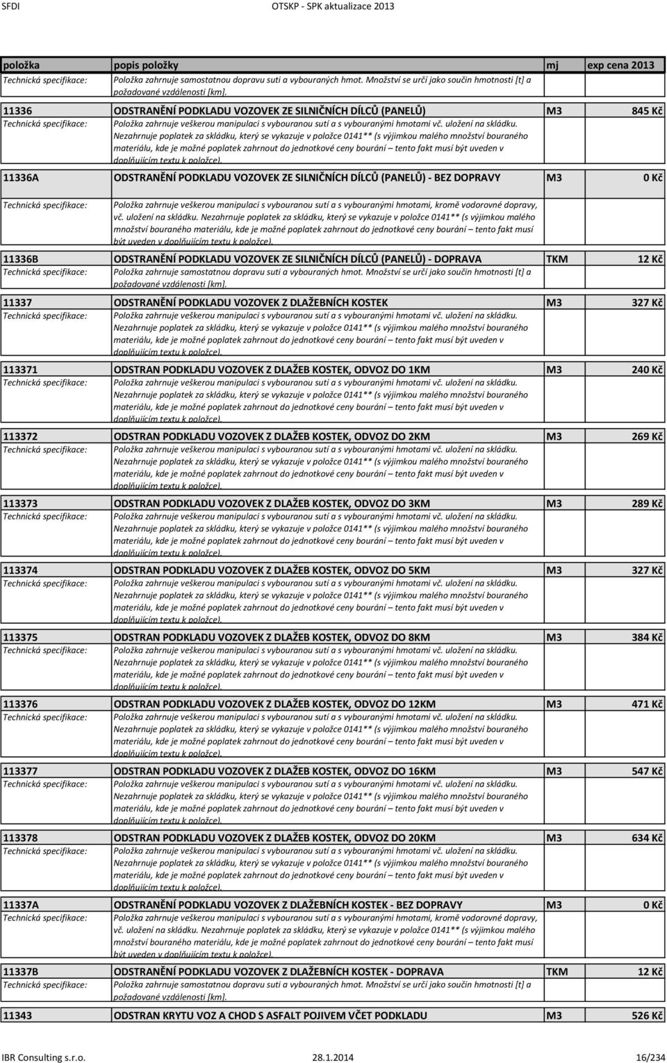 11336A ODSTRANĚNÍ PODKLADU VOZOVEK ZE SILNIČNÍCH DÍLCŮ (PANELŮ) - BEZ DOPRAVY M3 0 Kč Položka zahrnuje veškerou manipulaci s vybouranou sutí a s vybouranými hmotami, kromě vodorovné dopravy, vč.