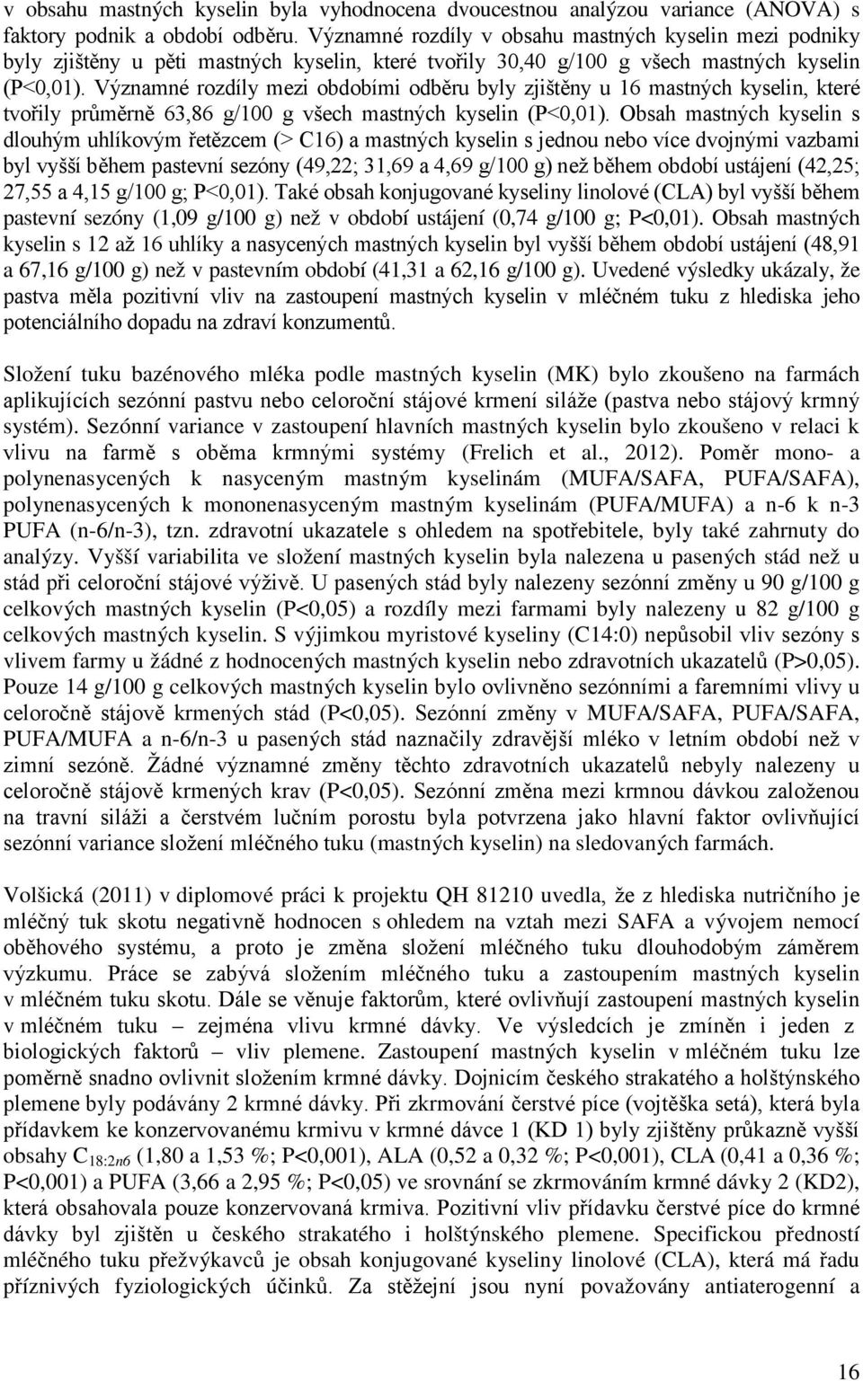 Významné rozdíly mezi obdobími odběru byly zjištěny u 16 mastných kyselin, které tvořily průměrně 63,86 g/100 g všech mastných kyselin (P<0,01).