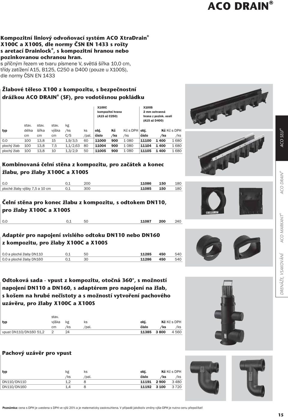 (SF), pro vodotěsnou pokládku X100C kompozitní hrana (A15 až C250) X100S 2 mm ochranná hrana z pozink. oceli (A15 až D400) stav. stav. stav. kg typ délka šířka výška ks obj. Kč obj. Kč C/S /pal.