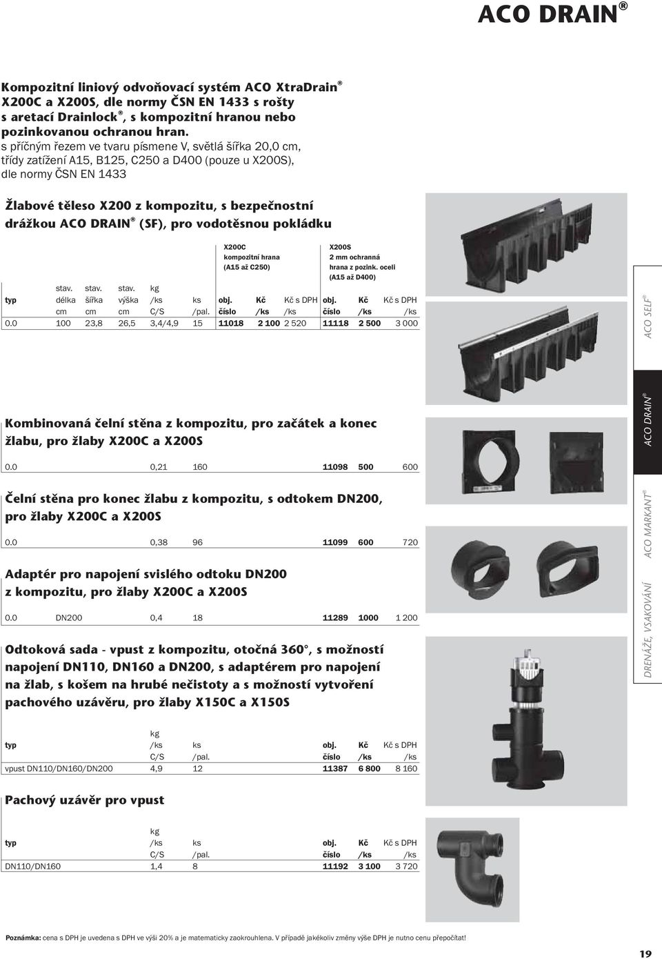 (SF), pro vodotěsnou pokládku X200C kompozitní hrana (A15 až C250) X200S 2 mm ochranná hrana z pozink. oceli (A15 až D400) stav. stav. stav. kg typ délka šířka výška ks obj. Kč obj. Kč C/S /pal.