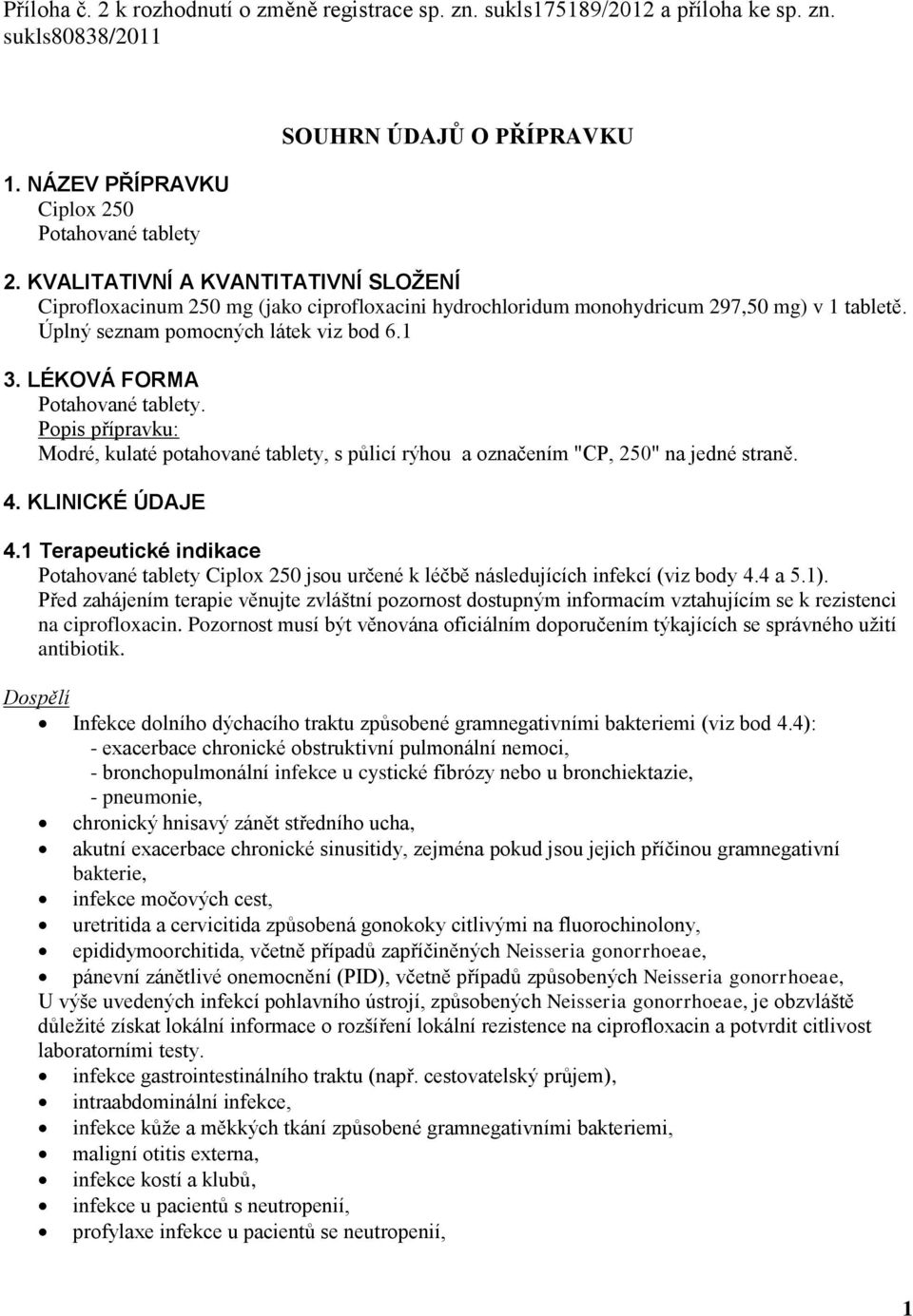 LÉKOVÁ FORMA Potahované tablety. Popis přípravku: Modré, kulaté potahované tablety, s půlicí rýhou a označením "CP, 250" na jedné straně. 4. KLINICKÉ ÚDAJE 4.