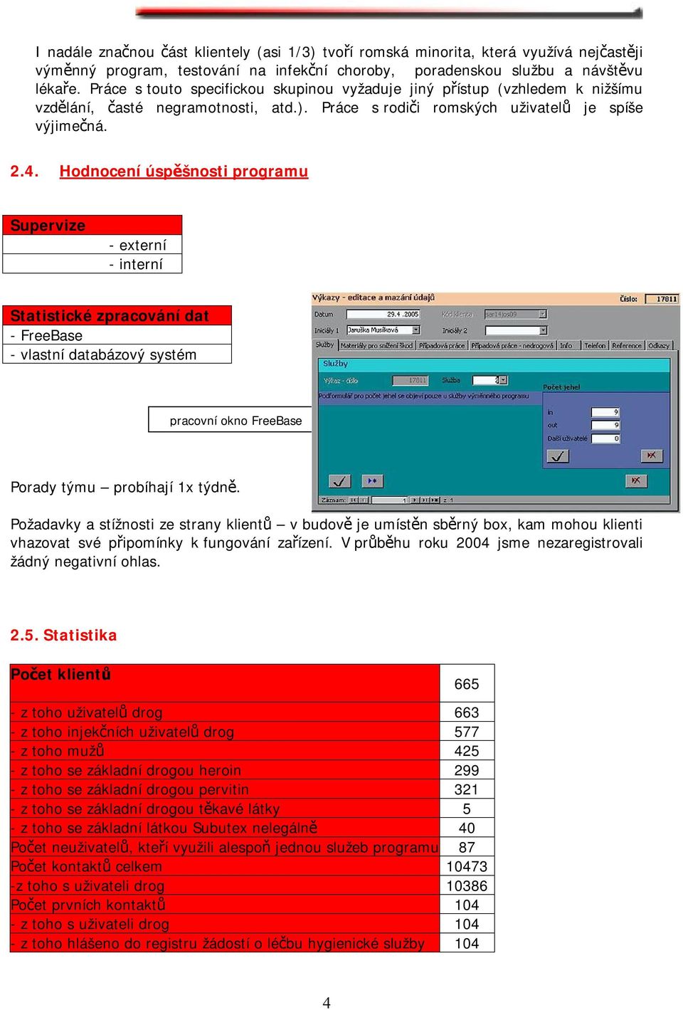 Hodnocení úspěšnosti programu Supervize - externí - interní Statistické zpracování dat - FreeBase - vlastní databázový systém pracovní okno FreeBase Porady týmu probíhají 1x týdně.