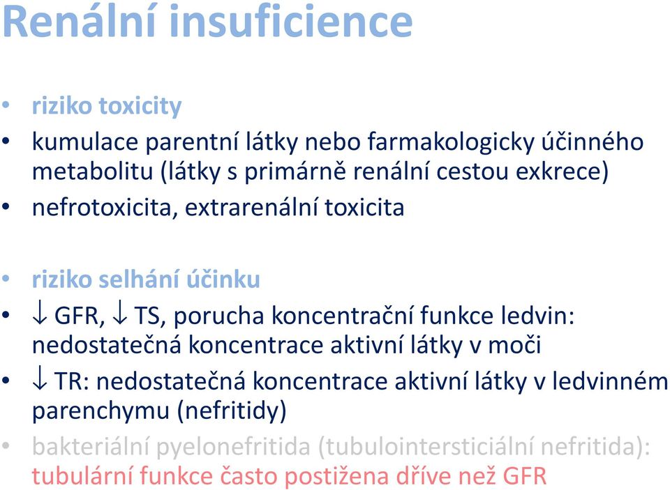 funkce ledvin: nedostatečná koncentrace aktivní látky v moči TR: nedostatečná koncentrace aktivní látky v ledvinném