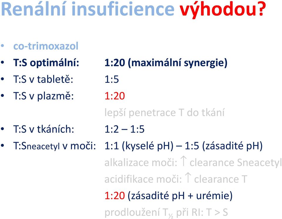 1:20 lepší penetrace T do tkání T:S v tkáních: 1:2 1:5 T:Sneacetyl v moči: 1:1 (kyselé