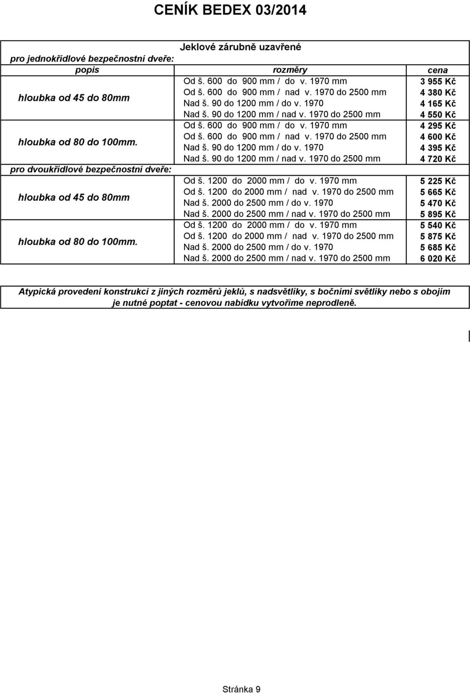 600 do 900 mm / do v. 1970 mm Od š. 600 do 900 mm / nad v. 1970 do 2500 mm Nad š. 90 do 1200 mm / do v. 1970 Nad š. 90 do 1200 mm / nad v. 1970 do 2500 mm Od š. 1200 do 2000 mm / do v. 1970 mm Od š. 1200 do 2000 mm / nad v.